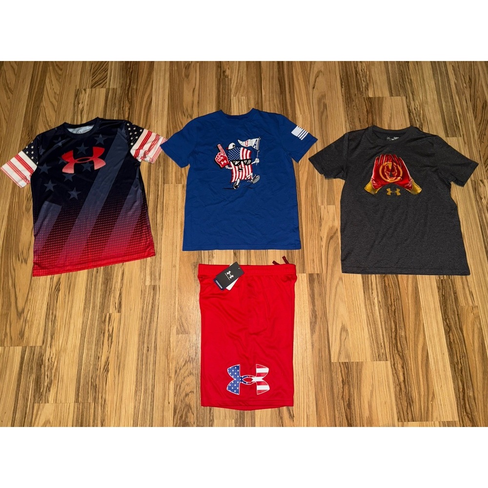 Under Armour Boys Youth Large YL Heat gear American Flag Iron Man Shorts Shirts